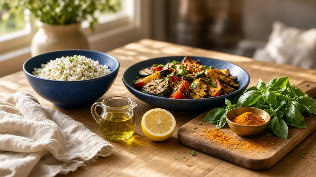 A shared table with bowls, herbs and warm linens