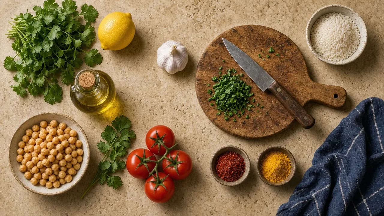 Chickpeas, tomatoes, garlic, coriander, lemon, olive oil and rice on a stone bench