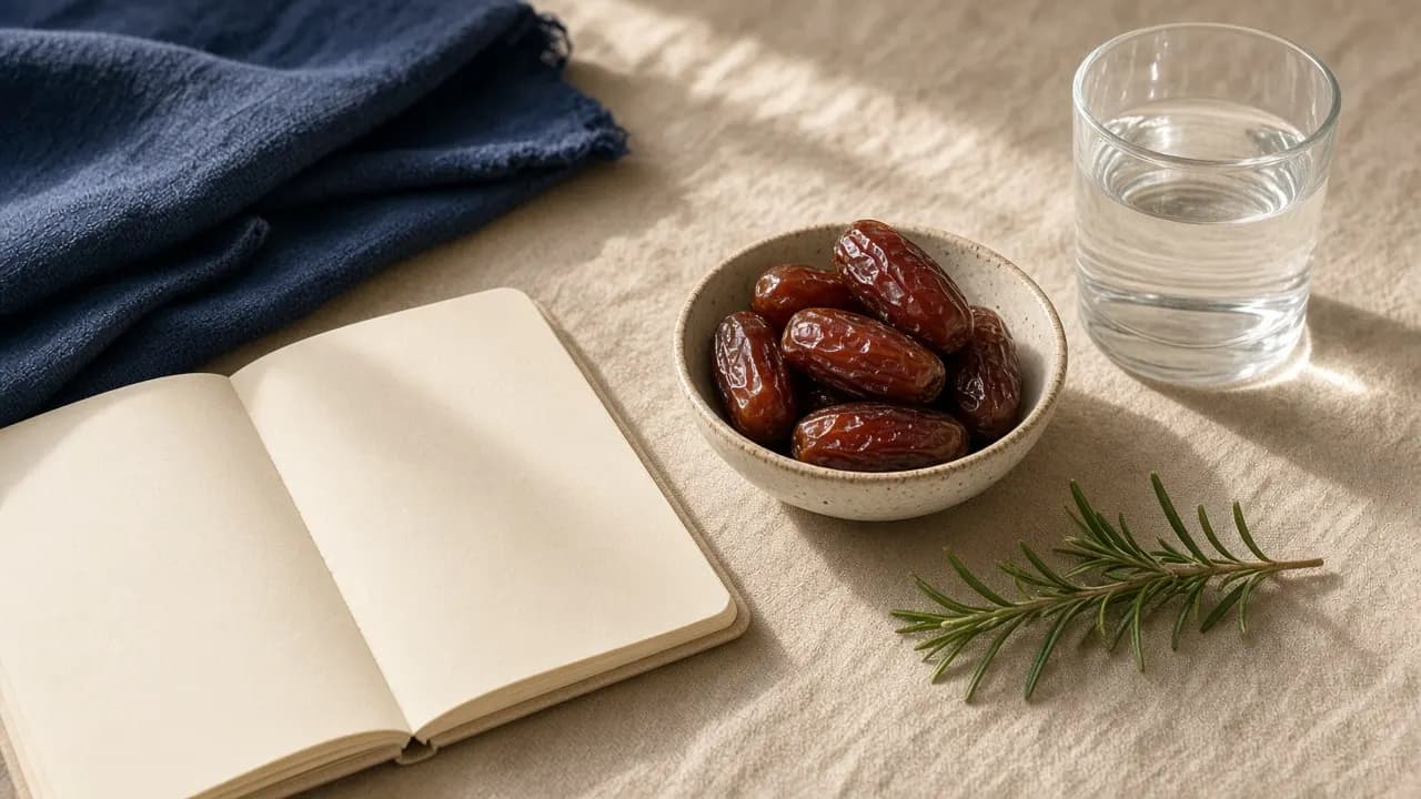 A notebook, a bowl of dates and a glass of water on warm linen